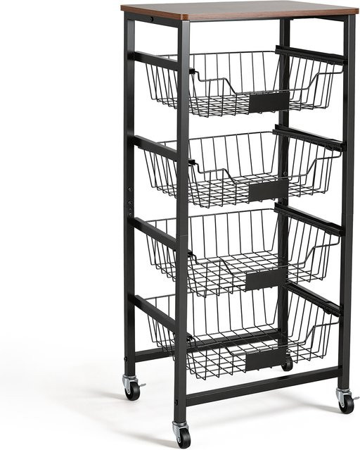 Schmaler 4-stöckiger Aufbewahrungswagen aus Metall in Schwarz mit Rollen und Netz-Körben für die Küche - Bild 1