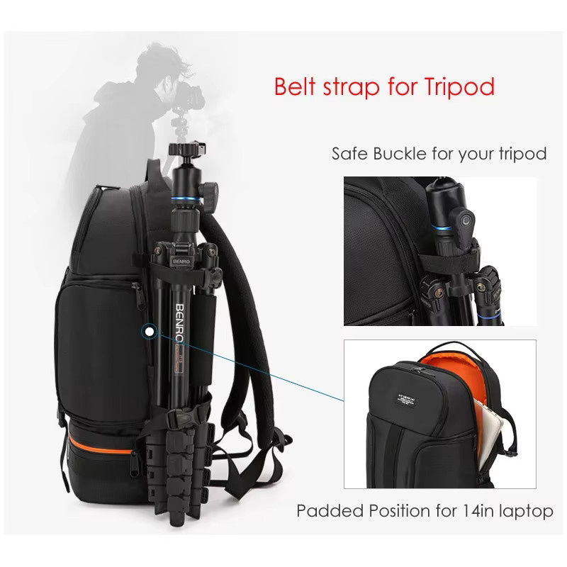 JINNUOLANG Outdoor DSLR Kamera Rucksack aus wasserdichtem Oxford-Stoff für 15,6 Zoll Laptop in Grau oder Schwarz, kompatibel mit Canon und Nikon - Bild 3