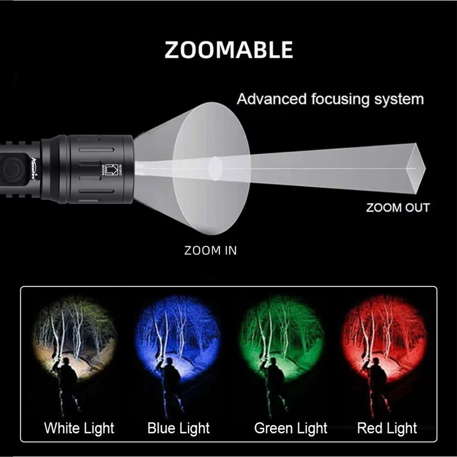Alonefire LED-Taschenlampe mit Zoom-Funktion, USB wiederaufladbar, RGB-Farben Weiß/Rot/Grün/Blau, Schwarz - Bild 2