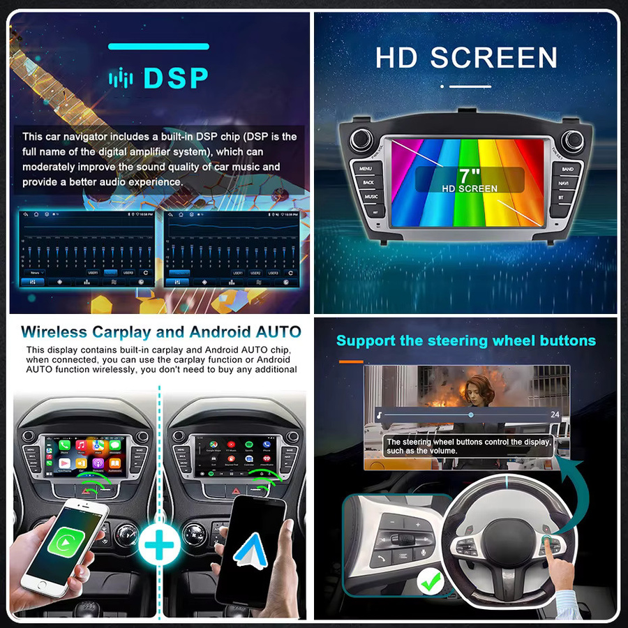 Aycetry Android 15 Autoradio mit 7 Zoll Display für Hyundai IX35 Tucson 2009-2015, 2 DIN Multimedia-Player mit Carplay, Android Auto, Bluetooth und GPS, Schwarz - Bild 2