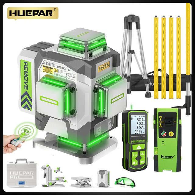 Huepar ZK04CG 4D 16-Linien Grüner Laser-Nivelliergerät mit Fernbedienung, Entfernungsmesser und Detektor, Selbstnivellierendes Hochpräzisions-Laserwerkzeug - Bild 1