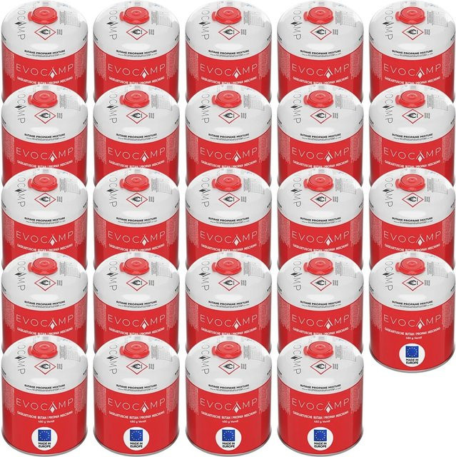 Evocamp Gaskartuschen Propan-Butan mit Eurogewinde und Sicherheitsverschluss, 24 Stück, 450g pro Kartusche - Bild 1