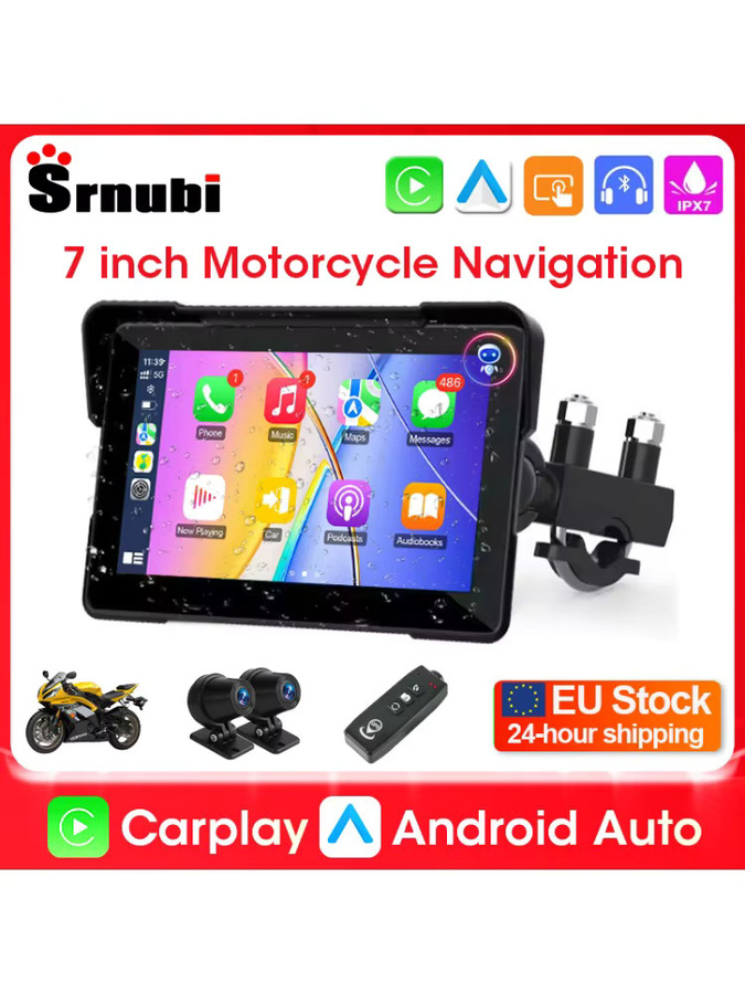 Srnubi Tragbares Motorrad GPS Navigationssystem mit 7 Zoll Bildschirm, Wasserdichter Android Auto und Wireless CarPlay Monitor in Schwarz mit Bluetooth und DVR - Bild 6