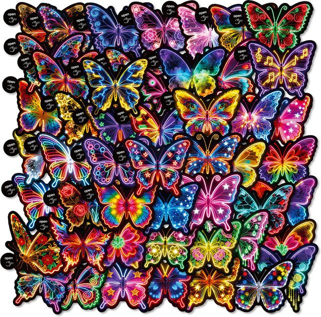 Neon-Regenbogen-Schmetterlings-Doodle-Aufkleber in Multicolour für Kinder, DIY-Schulbedarf und Notebooks, 50 Stück - Bild 1