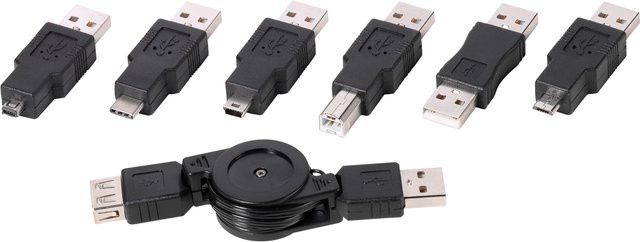 Vivanco USB Adapter Set mit Kabelaufroller in Schwarz mit USB-A, USB-C und Micro-USB Anschlüssen - Bild 1