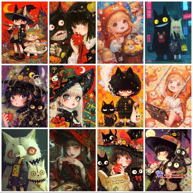 Potdemiel Diamond Painting Set Cartoon Mädchen Hexen Katze 5D DIY Diamant Stickerei in Multicolour zur Wanddekoration - Bild 1