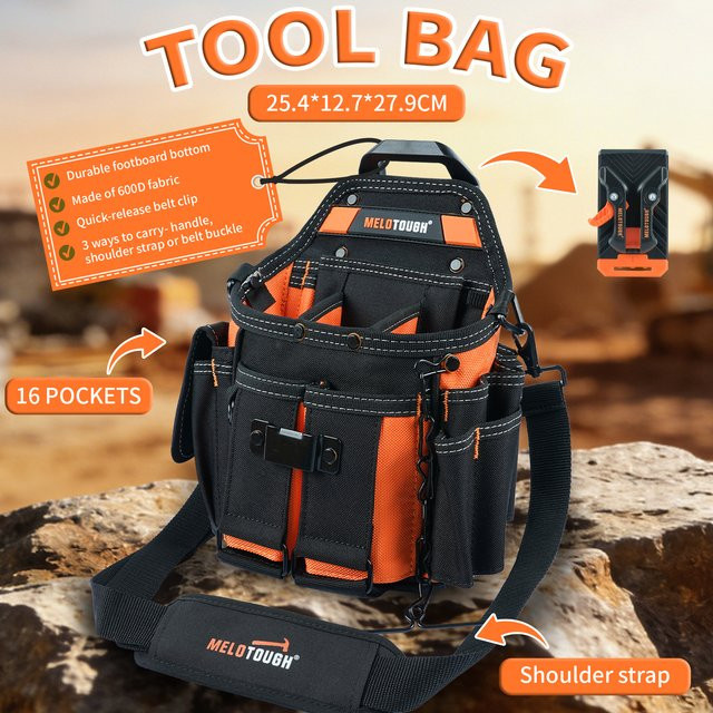 Meloworkgear Elektriker-Werkzeugtasche Schwarz mit Schultergurt und 15 Fächern sowie Gürtelclip und Schnellverschluss, B/H/T: 27,9 x 25,4 x 12,7 cm - Bild 1