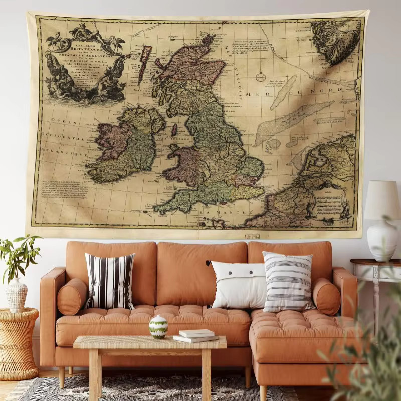 VIKAMA Wandteppich mit Retro-Navigationskompass und Weltkarte aus Polyester für deine Heimdekoration im Wohnzimmer oder Schlafzimmer - Bild 1