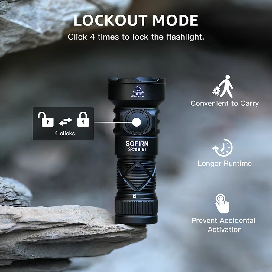 SOFIRN SR20 MINI Taschenlampe Schwarz mit 1200lm, USB-C, IP68 Wasserdicht und roter LED-Taste - Bild 2