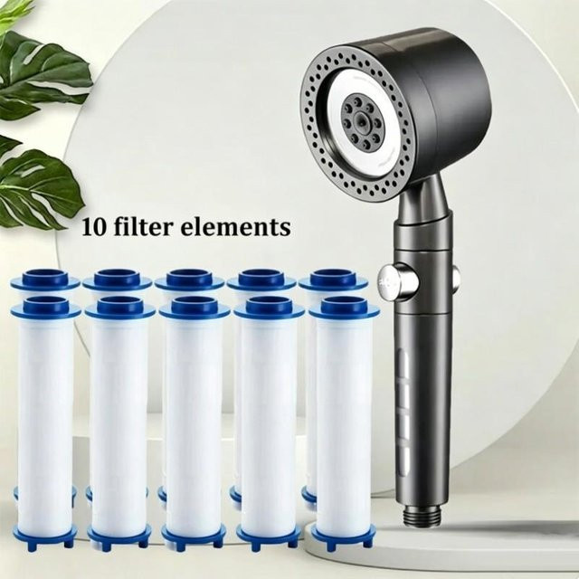 Meiteai-Home Hochdruck-Duschkopf mit 5 Modi und Filterelementen, Wassersparende Handbrause mit Ein-Knopf-Stopp, Silber Grün - Bild 1