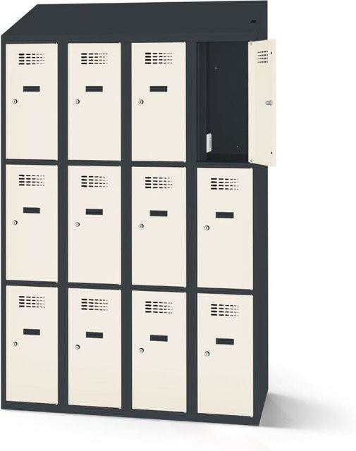 rotstahl Fächerschrank mit Ladefunktion und 12 Fächern in Weiß mit anthrazitgrauem Korpus, Breite: 120 cm, Höhe: 200 cm - Bild 1