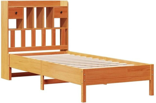 vidaXL Massivholzbett aus Kiefernholz mit Kopfteil und Regal in Braun, B/T/H: 100 x 200 x 110 cm - Bild 1