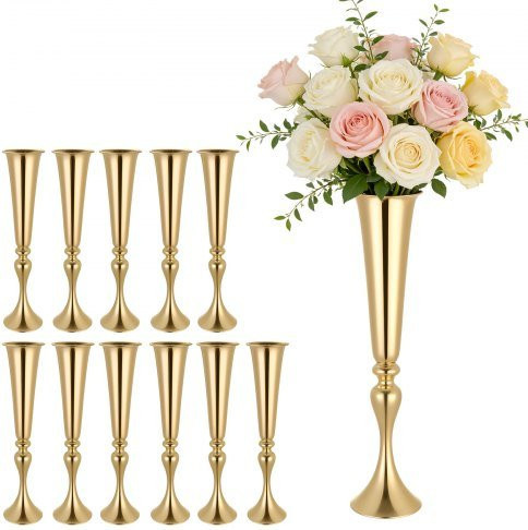 VEVOR 12er Set Trompetenvasen aus Kohlenstoffstahl für Hochzeiten und Tischdeko, Farbe: Gold, Höhe: 55 cm - Bild 1