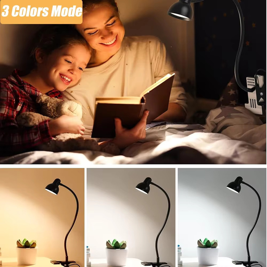 Mzvul Clip-on Schreibtischlampe mit Schwanenhals, dimmbares Leselicht für Bett und Schreibtisch mit 3 Farben und 10 Helligkeitsstufen - Bild 2
