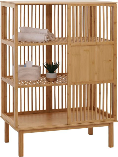 Bambus Standregal MCW-N81 Badezimmerschrank mit Schiebetüren und 3 Regalböden, Braun, H: 115 cm, B: 80 cm, T: 45 cm - Bild 1