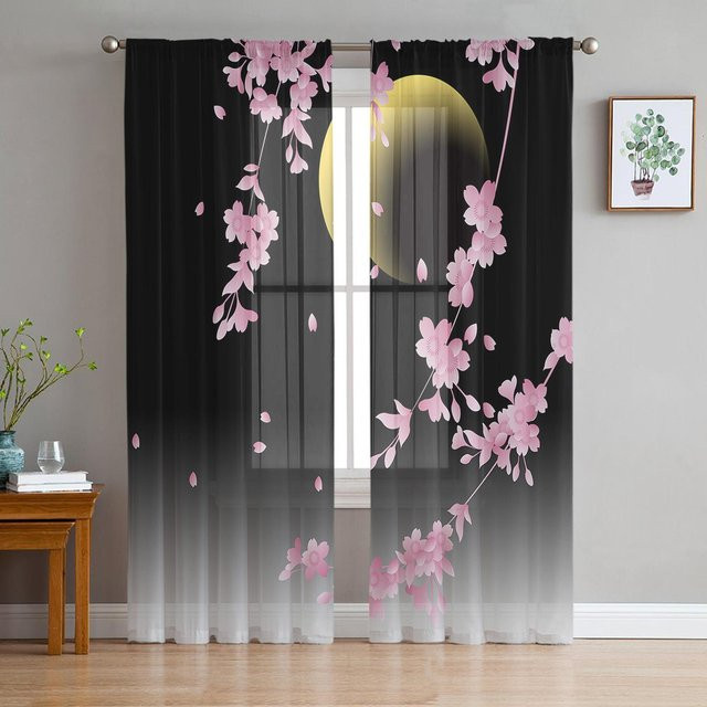 A Family Of Home Textiles Transparente Voile-Fenstervorhänge mit Japanischem Kirschblüten-Mond-Design in Grau, Breite: 135 cm, Höhe: 114 cm - Bild 1