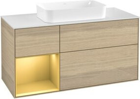 V&B Waschtischunterschrank Finion mit Wandbeleuchtung in Oak Veneer und Gold matt, B/T: 120 x 60 cm - Bild 1