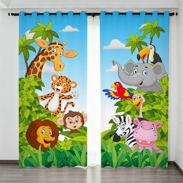 Yiran Furniture Safari Tiere Cartoon Dschungel Vorhänge aus Polyester, 2er-Set, Mehrfarbig, Breite: 65 cm, Höhe: 60 cm - Bild 1