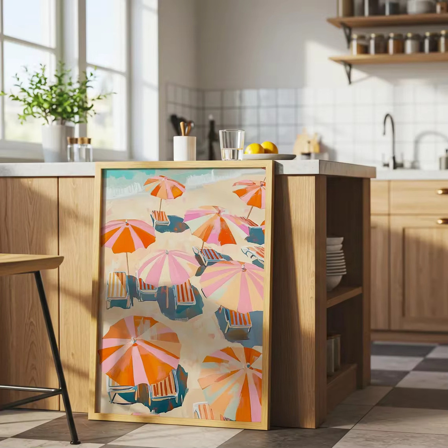 Modernes Impasto-Wandgemälde mit gestreiften Sonnenschirmen am Strand in Pink und Orange von SHENCHEN - Bild 3