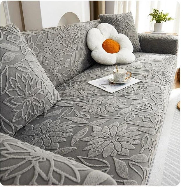 Elastischer Jacquard-Sofabezug mit Blumenmuster in Grau für 2-Sitzer, rutschfest und waschbar - Bild 1