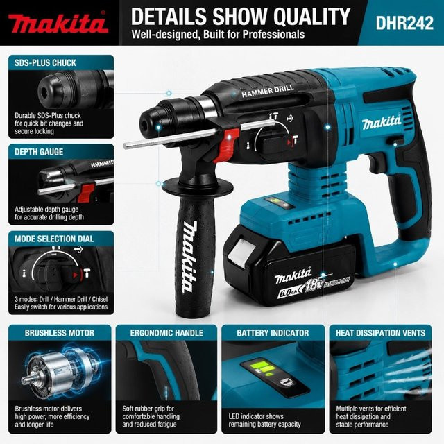 Makita DHR242 Akku-Bohrhammer mit bürstenlosem Motor, 18V, 24mm Betonkapazität, 4700 IPM, 3-Modus-Betrieb inklusive 6Ah Akku - Bild 1