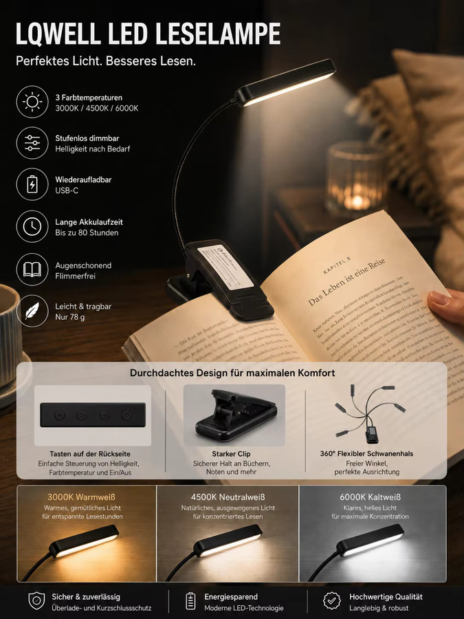 LQWELL 3er Set LED Nachttisch-Leselampen in Weiß, wiederaufladbare USB-Leselampen mit 3 Farbtemperaturen, 10 Helligkeitsstufen und stufenloser Dimmfunktion, flexibles 360 Grad Buchlicht für Kinderzimmer und Schlafzimmer - Bild 7