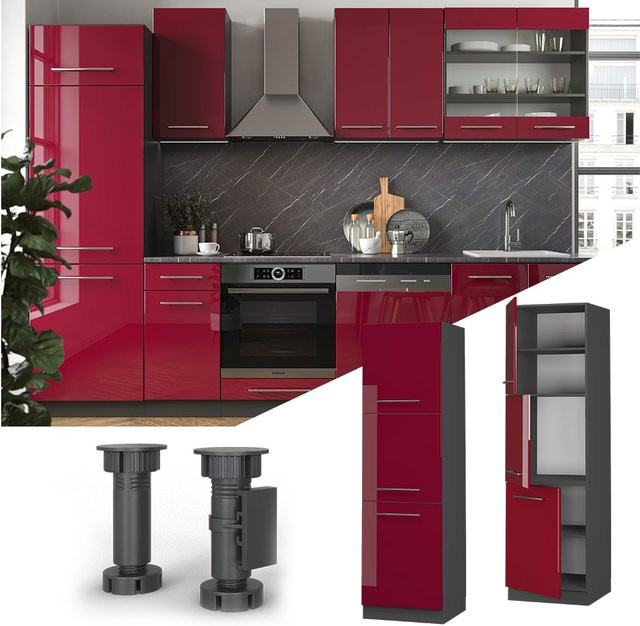 Vicco Herdumbauschrank Fame-Line Küchenschrank in Anthrazit und Bordeaux Rot Hochglanz Breite: 60 cm, Tiefe: 64,03 cm, Höhe: 206 cm - Bild 1