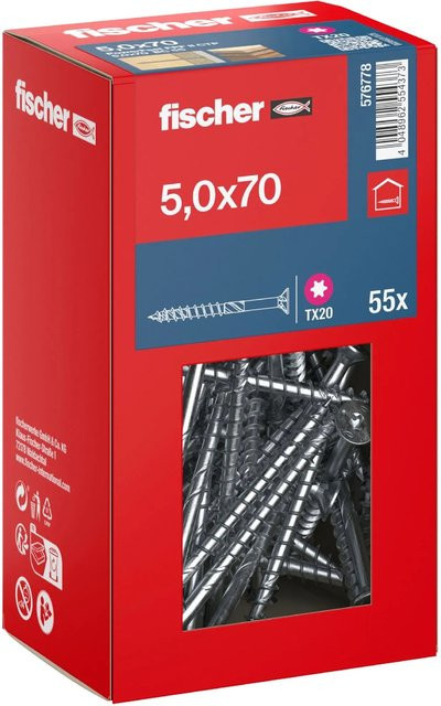 Fischer PowerFast II Senkkopf Teilgewinde Schraube mit Torx-Antrieb aus verzinktem Stahl, Farbe: Silber/Blau, Durchmesser: 5 mm, Länge: 70 mm, 55 Stück - Bild 1