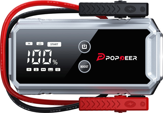 POPDEER PD-ONE 4000A All-in-One Starthilfegerät in Schwarz mit Smart-Klemmen, Powerbank, LCD-Display und LED-Taschenlampe, geeignet für bis zu 8L Benzin und 6L Diesel - Bild 1