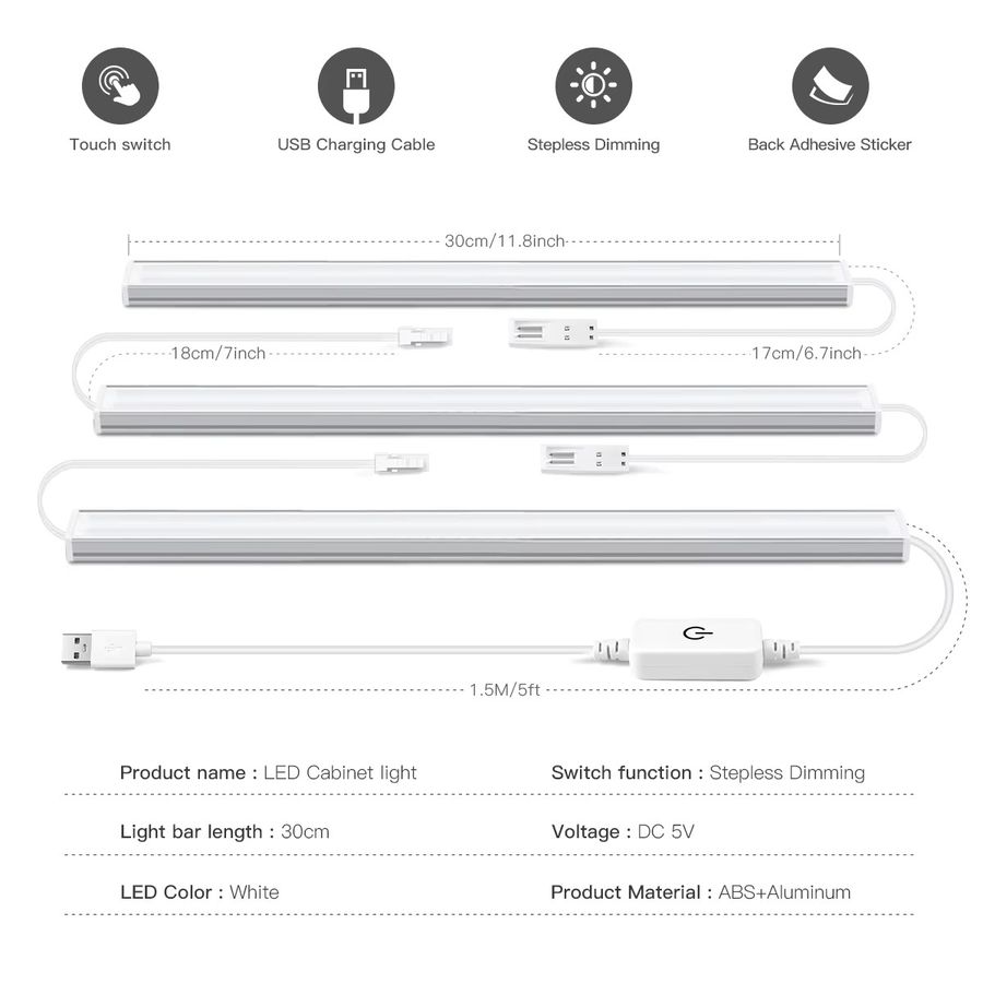Gyarfas LED Bar Licht Set 3er Pack mit Aluminium Gehäuse, USB 5V, dimmbar per Touch Sensor, integrierte Beleuchtung für Küche und Wand, Länge: 30 cm - Bild 5