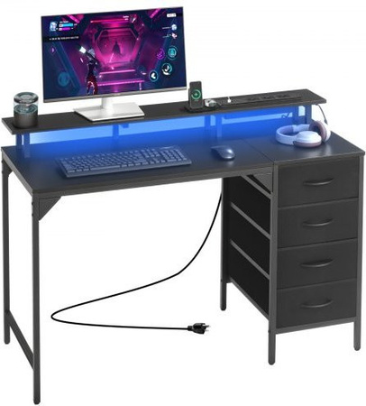 VEVOR Gaming Computertisch mit LED-Leuchten und Steckdosen in Schwarz, Schreibtisch mit 4 Schubladen und Monitorständer, B: 120 cm, T: 50 cm, H: 86 cm