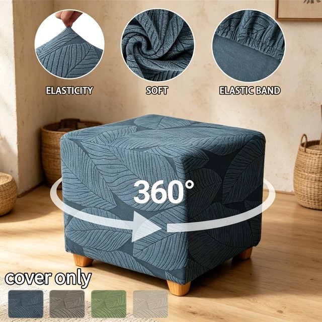 WANERQU Jacquard Ottoman-Bezug mit Blattmuster in Blau, elastischer und waschbarer Überzug für quadratische Fußhocker - Bild 1