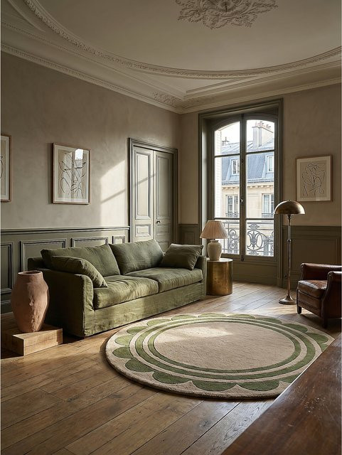 Runder Wollteppich Kadima Design von WENSUM in Grün-Beige, Durchmesser: 120 cm - Bild 1