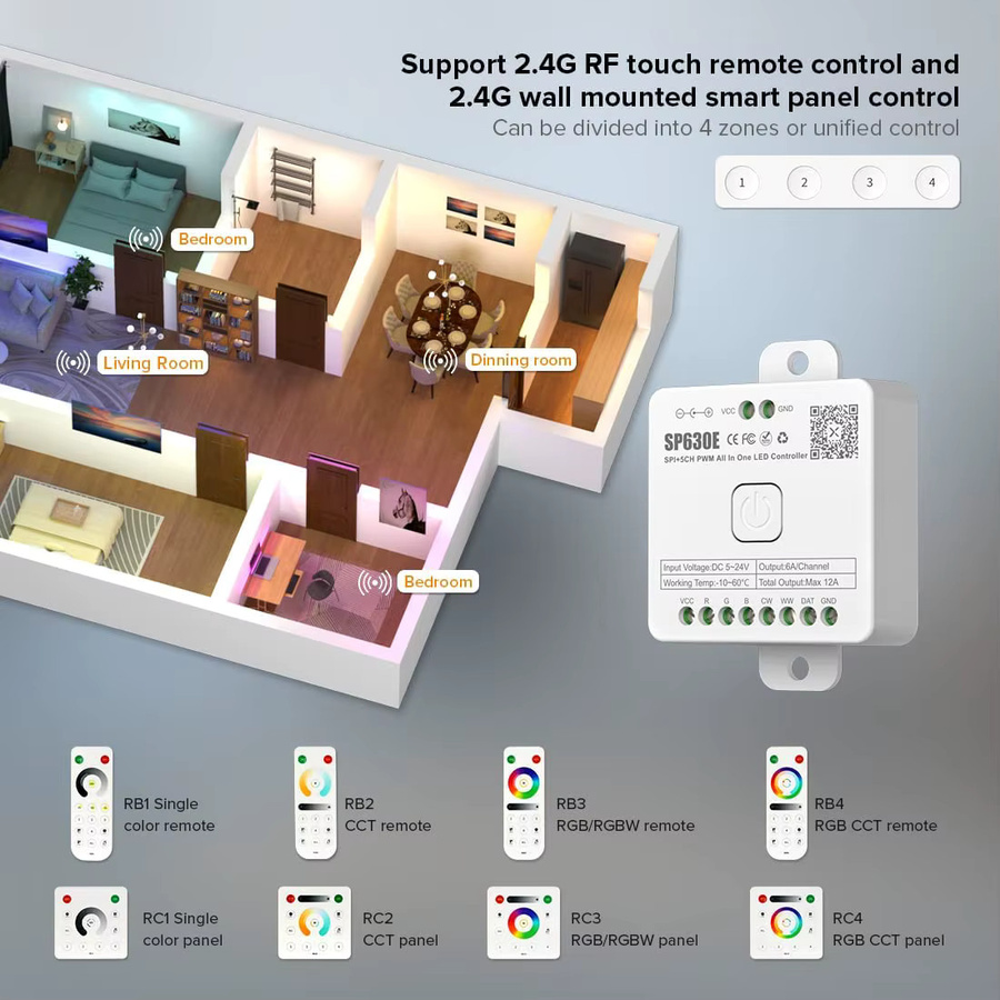 BTF-LIGHTING SP630E All-in-One LED-Controller mit 5CH PWM SPI für Pixel LED-Lichtstreifen WS2812B WS2811 SK6812 FCOB 5050 RGB RGBW CCT mit Bluetooth und Musikfunktion (5V-24V) - Bild 3