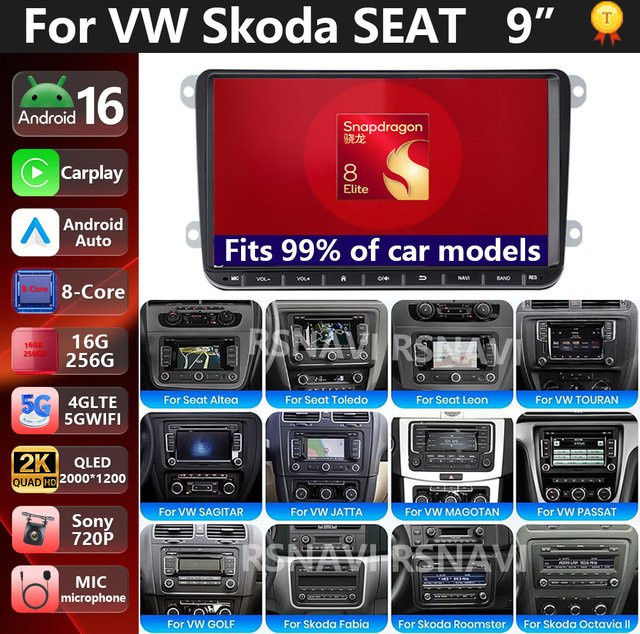 RSNAVI Android 16 2Din Autoradio mit GPS-Navigation für Volkswagen Golf 5 6 Polo Passat B6 B7 CC Skoda Jetta in Schwarz - Bild 1