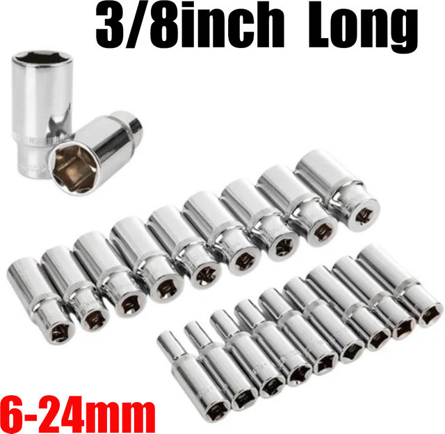 Steckschlüssel-Adapter-Set aus Chrom-Vanadium-Stahl mit 3/8 Zoll Anschluss, Sechskant-Langhülsen in den Größen 6-24 mm, Farbe Silber - Bild 1