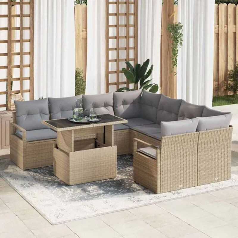 vidaXL Garten-Sofa-Set aus 9 Teilen in Beige und Grau, modernes Polyrattan Loungemöbel-Set mit Metallgestell, B/T/H: 100 x 55 x 73 cm - Bild 1
