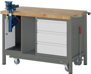 STIER Werkbank Premium mit absolutem Fahrgestell, 3 Schubladen, Schraubstock und Rollbarkeit, Farbe: Grau, B/T/H: 125 x 70 x 88 cm - Bild 1