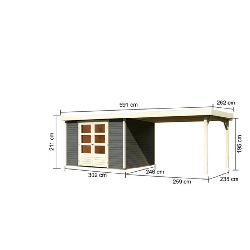 Gartenhaus ASKOLA 5 in Terragrau mit Anbaudach, Wandstärke 19 mm, B: 302 cm, T: 246 cm - Bild 2