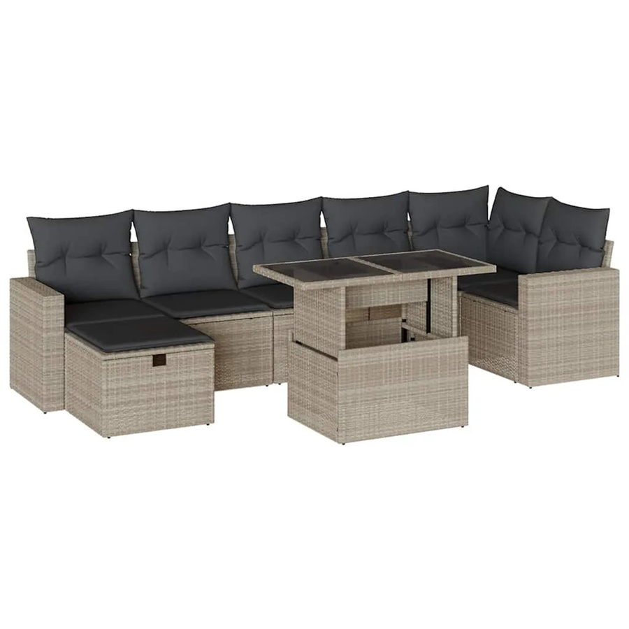 vidaXL 8-teilige Garten-Sofagarnitur in L-Form aus Polyrattan mit Kissen und Couchtisch, Hellgrau - Bild 2