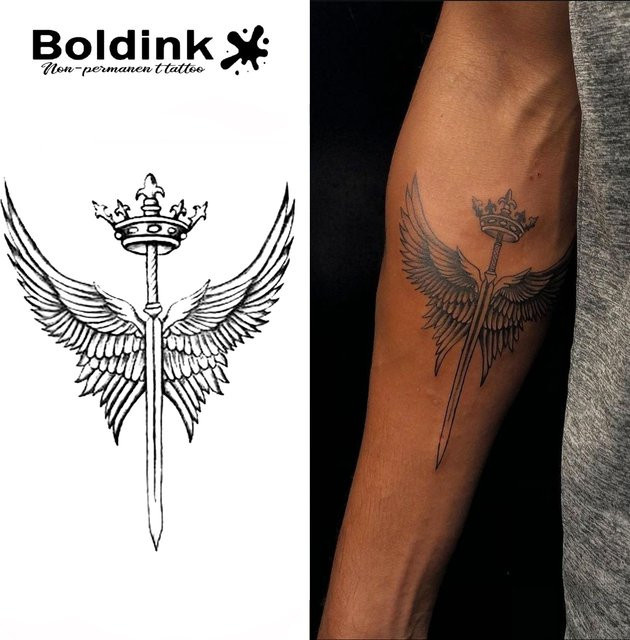 Boldink Temporäres Tattoo Kröntes Schwert mit Flügeln, wasserfest - Bild 1