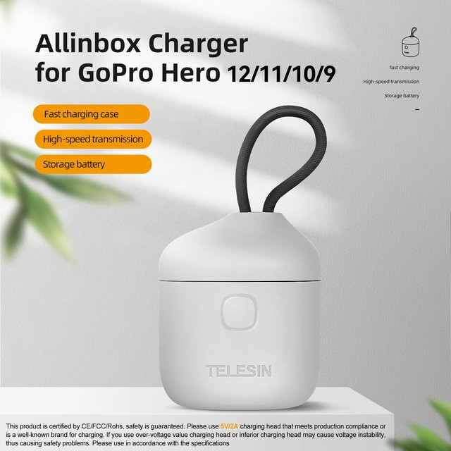 TELESIN Tragbare Ladebox für GoPro Hero 12 11 10 in Weiß mit 3 Akku-Steckplätzen, Silikon-Schutz und integriertem TF-Kartenleser - Bild 1