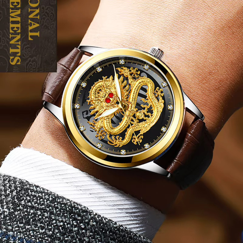 FNGEEN Armbanduhr Quarz, Gold, Drachen Muster, Leuchtzeiger, Herren - Bild 3