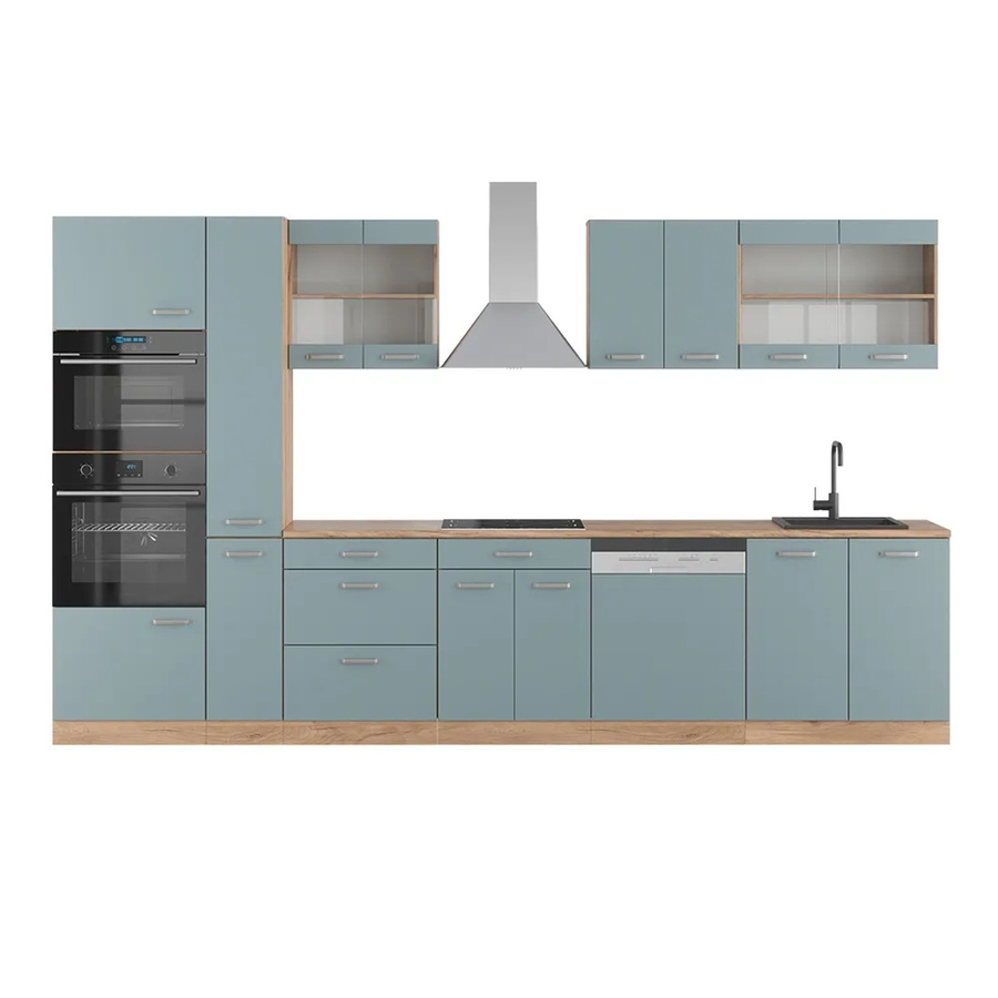 Vicco R-Line Küchenzeile Blau-Grau/Goldkraft Eiche mit Hochschrank Breite: 350 cm - Bild 2