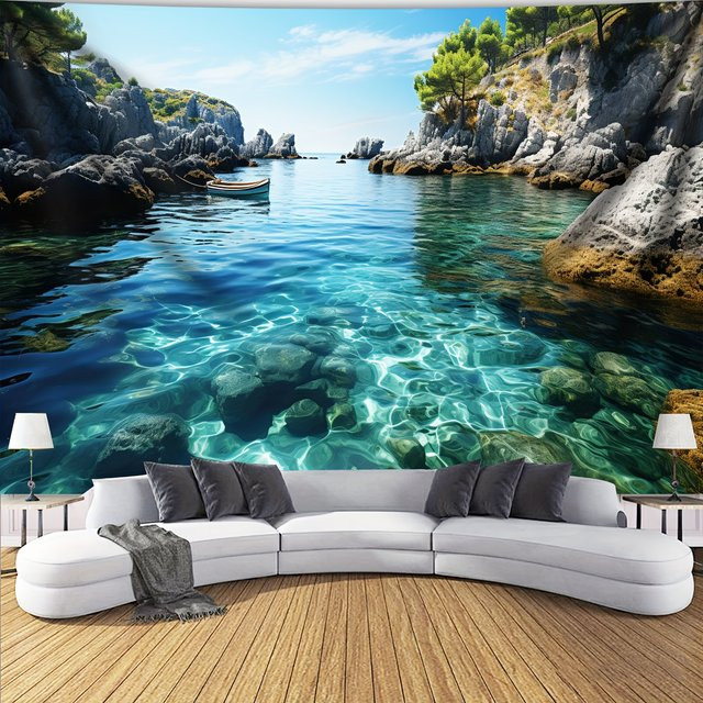 VIKAMA Wandteppich mit Meeres-, Berg- und Himmelslandschaft in Blau, moderner Fotohintergrund aus Polyester für Wohnzimmer und Schlafzimmer, B/H: 60 x 40 cm - Bild 1