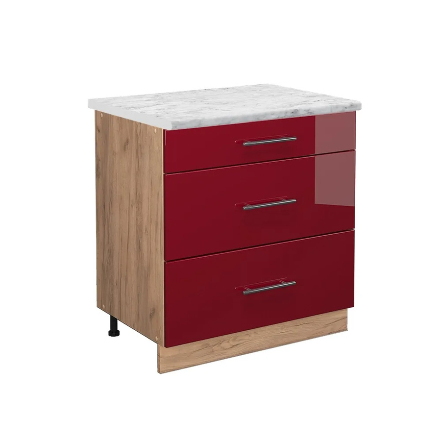 Vicco Küchenunterschrank Fame-Line Bordeaux Hochglanz in Rot und Goldkraft Eiche mit 3 Schubladen, B: 80 cm, T: 60 cm, H: 82 cm - Bild 2