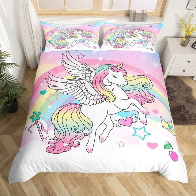 Allbestart Einhorn Bettbezug-Set mit 2 Kissenbezügen, Cartoon-Galaxie und Regenbogen Design, bunt, Polyester, B/H: 140 x 200 cm - Bild 1