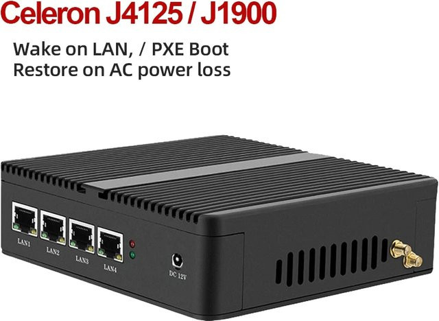 BEBEPC Lüfterloser Mini-PC Firewall-Router mit Intel Celeron Prozessor, 4-Kern, 4x Gigabit LAN, 64 GB RAM, 8 GB SSD, Schwarz - Bild 1