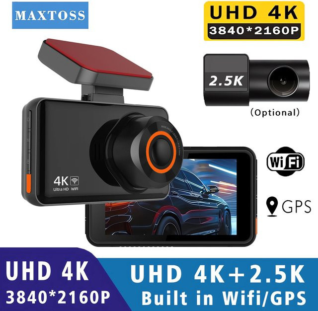 Maxtoss Dual Dashcam mit 4K und 2,5K Auflösung, WIFI und GPS, Rückfahrkamera mit Nachtsicht und 24H Parkmodus, Schwarz - Bild 1