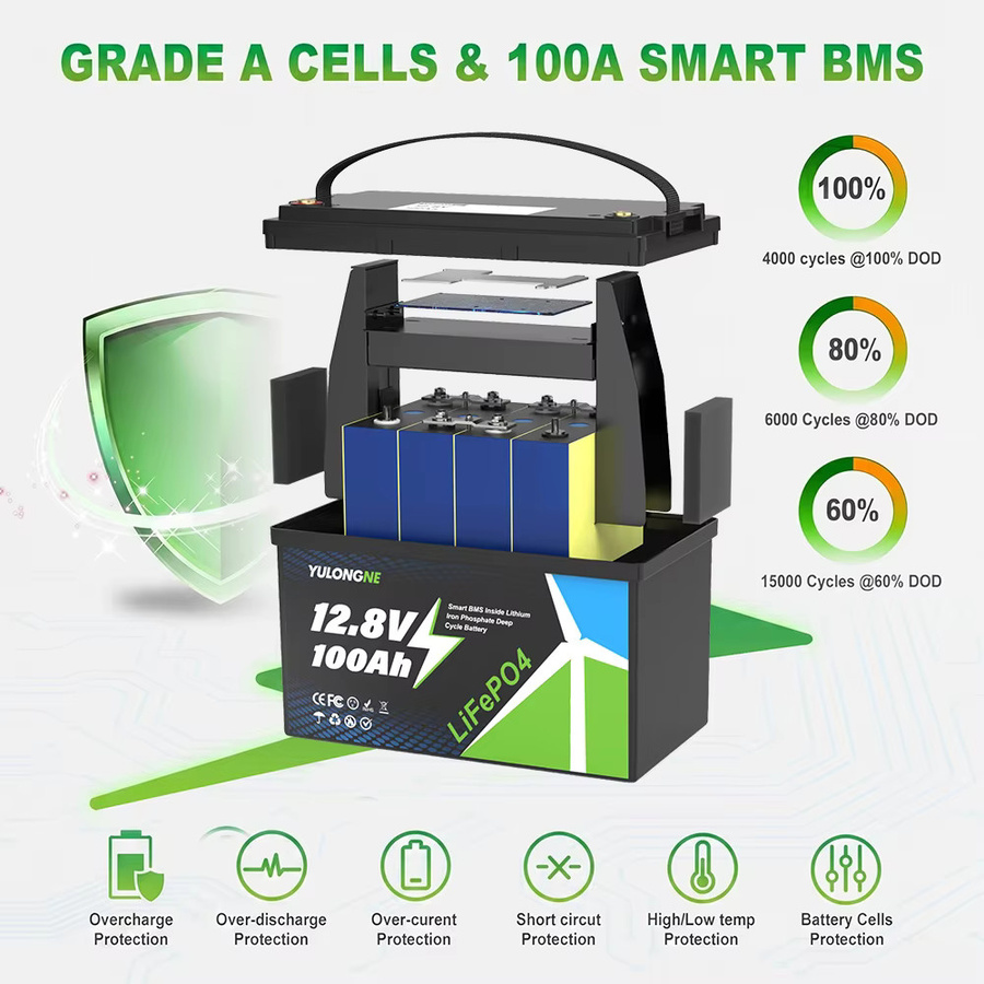 YULONGNE LiFePO4 Batterie 12,8V 100Ah mit Smart BMS, Deep-Cycle Lithium-Eisenphosphat-Batterie in Schwarz für Solar, Wohnmobile und Boote - Bild 2